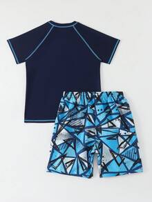 两件套青少年男童泳衣，深海蓝，几何印花拼接前片，插肩袖设计，全身几何印花，时尚休闲，适合游泳、夏季度假、海滩、泳池派对 - 薄荷藍 - 查看 2
