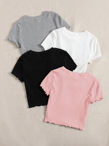 SHEIN 3pcs/Pack Teenage Girls' Round Neck Ribbed Frill Trim Short Sleeve T-Shirts - Multicolor - View 2