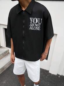 GALLERY FADE 1件男士宽松短袖衬衫，休闲宽松落肩短袖衬衫，年轻街头风，送给男友的礼物，休闲运动街头日常通勤返校度假穿搭，送给男友和老公的礼物，情侣装 - 黑色 - 查看 6