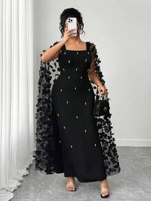 SHEIN CURVE+ Vestido Elegante com Contas 3D em Tela Plus Size - Preto - Visão 6