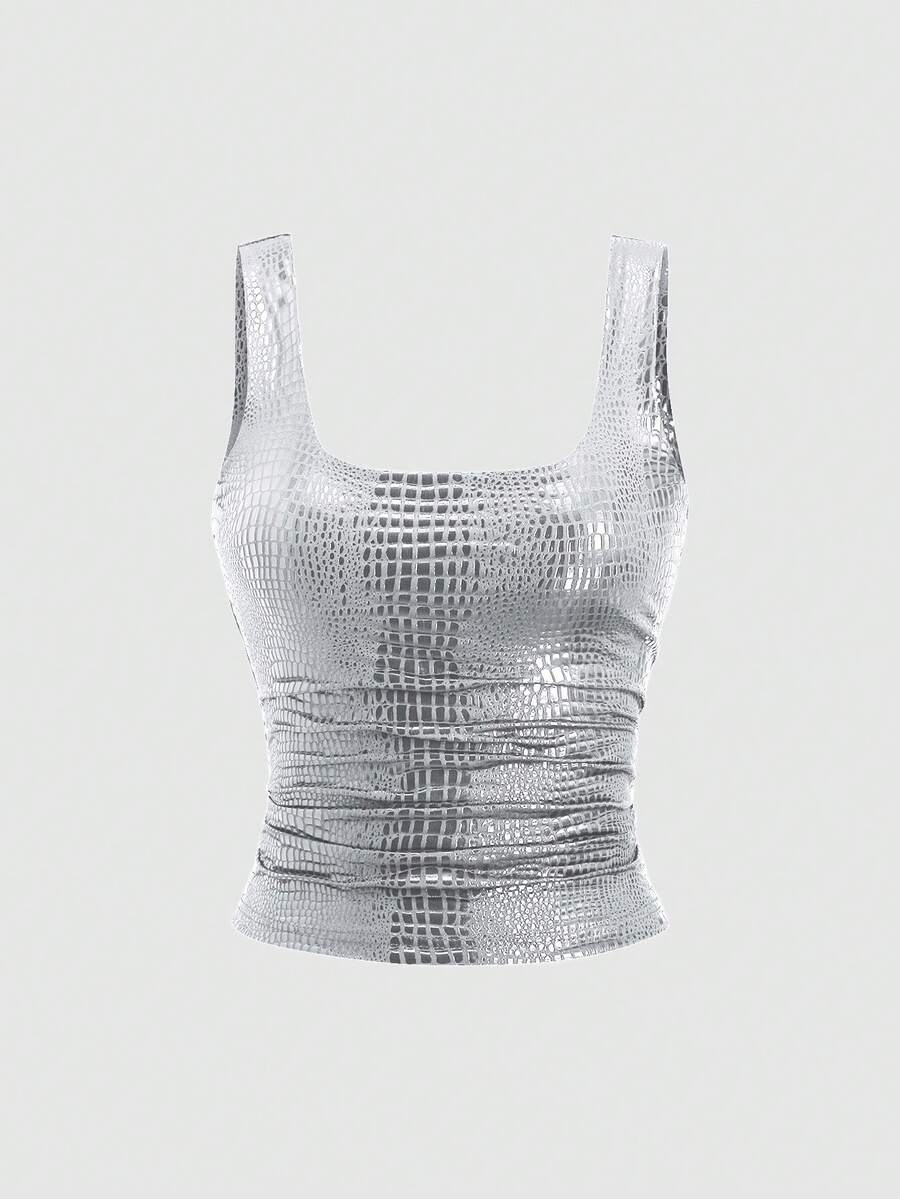 Sweetra 新款春夏时尚酒红色鳄鱼纹PU涂层弹力紧身背心，适合通勤和日常穿着，街头风派对性感设计。 - 銀色 - 查看 1