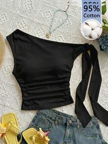 Soleia 95%纯棉不对称肩部度假上衣，黑色 - 黑色 - 查看 7