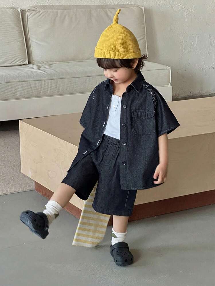 Young Boy Summer Casual Fashion Street Daily Commute Flap Pocket Shirt And Loose Denim Shorts Set