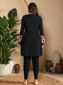 Swim Mulvari Plus Size Women Floral Print Patchwork Long Sleeve Top And Pants Casual Burkini Set - Multicolor - View 2