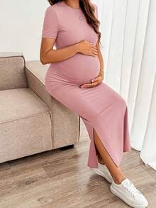 SHEIN 孕妇纯色圆领短袖侧开衩连衣裙 - 粉色 - 查看 6