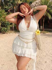 ROMWE Avant Plus Size Women's Summer Sexy Beach Vacation Style Solid Color Textured Fabric Metal Starfish Decor Multi-Layered Ruffle Hem Backless Tie Neck Dress - Apricot - View 3