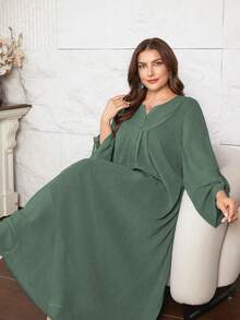 Lacomfia Women's Loose Pleated Long Sleeve Elegant Comfortable Minimalist Plus Size Dress - Green - View 4