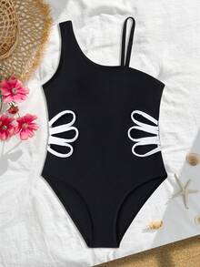 Teen Girl One-Piece Swimsuit, Casual, Vacation-Style, Side Cutout Design, Fashionable, Suitable For Swimming, Summer Vacation, Beach, Seaside, Swimming Pool, Summer Party - Black - View 6