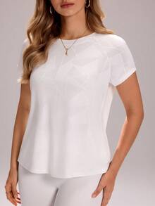 Sovereign Charm 女士几何印花圆领插肩短袖运动T恤 白色女式上衣 女士白色上衣 女士优雅时尚女式上衣 夏季女式衬衫 夏季女式上衣 女士跑步上衣 女士衬衫 女士印花白色上衣 女士正装 - 白色 - 查看 4