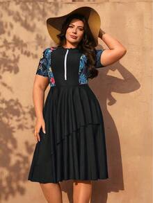 Swim Mulvari Plus Size Women 2pcs/Set Random Print Half Sleeve Zipper Front Loose Split Dress With Solid Color Shorts Swimwear Set - Black - View 4
