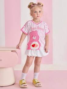 SHEIN X Care Bears 女童夏季休闲条纹小熊印花T恤 - 粉色 - 查看 5