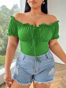 Flirla Camiseta casual y versátil de diario para mujer talla grande, de unicolor, con hombros descubiertos y fruncido con retorcido - Verde - Ver 4