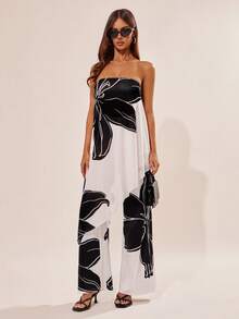 Radiana 优雅黑色花卉印花两件套，不规则下摆抹胸上衣+喇叭裤，飘逸网纱面料，适合度假、约会、海滩、休闲外出、购物、下午茶、派对、夜店、晚间等场合。 - 彩色 - 查看 4