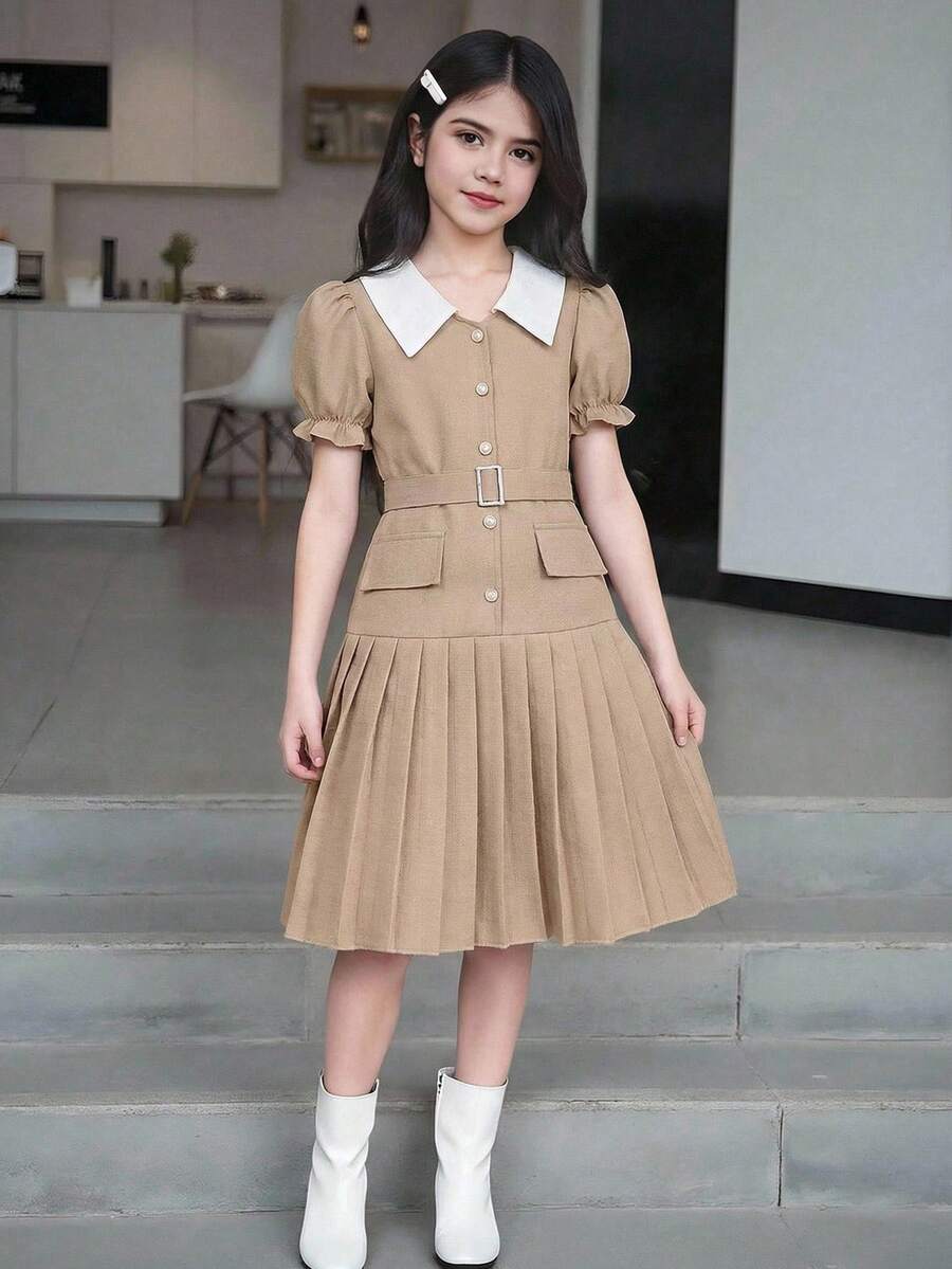 SHEIN Tween Girls Textured Fabric Dress - Brown - View 1