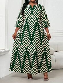 SHEIN Lady 大码时尚通勤全印花连衣裙 - 墨綠色 - 查看 6