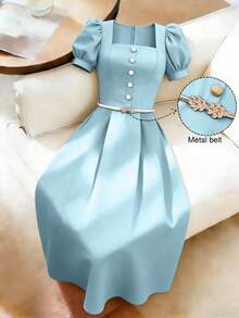 SHEIN Franclia 优雅百搭休闲通勤纽扣装饰藏蓝色短袖收腰中长连衣裙，适合春夏穿着 - 藍色 - 查看 1