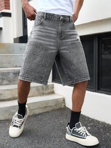 Devon Thys Quần short denim màu xám thêu họa tiết phong cách đường phố thường ngày dành cho nam giới. - Màu xám đen - Xem 3