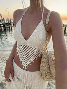 Aloruh 女士珍珠装饰比基尼上衣和下装套装，纯色钩针编织泳衣，适合海滩度假 - 杏色 - 查看 2