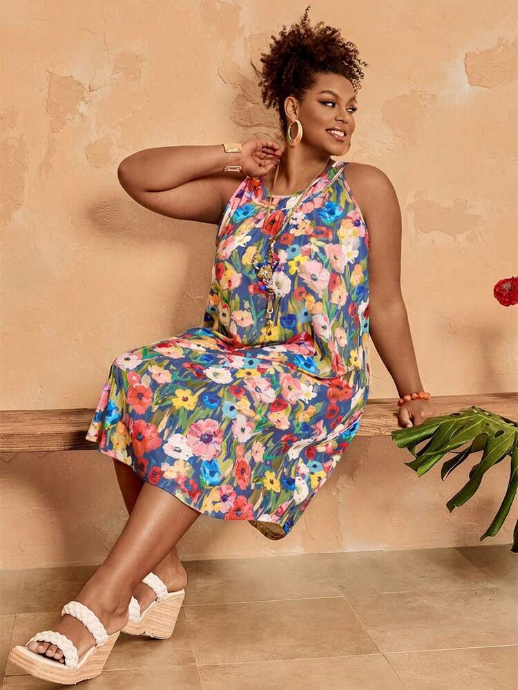 Plus Size Women's Summer Casual Vacation Country Floral Print Casual Halter Neck Dress,Summer Outfits For Women ,Vacation Outfits Women ,Holiday Outfits For Women,Going Out Outfits,2026 New Clothes,Simple And Fashionable For Everyday Wear,Suitable For Summer, Vacation, Daily Wear, Festival Outfits For Women,Country Concert Outfit,Beach Outfits For Women,Western Style,Flowy Dress