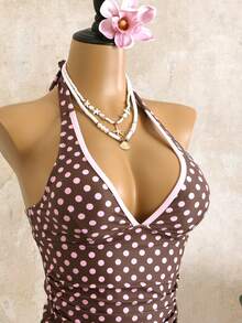 Swim Mod Bộ bikini phong cách retro ngọt ngào dành cho bé gái, màu hồng chấm bi, cổ chữ V khoét sâu, giúp thon gọn vòng bụng, thích hợp cho kỳ nghỉ hè. - Nhiều màu - Xem 7