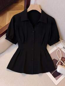SHEIN CURVE+ 大码女式纯色简约时尚通勤收腰短袖衬衫，春夏款 - 黑色 - 查看 1