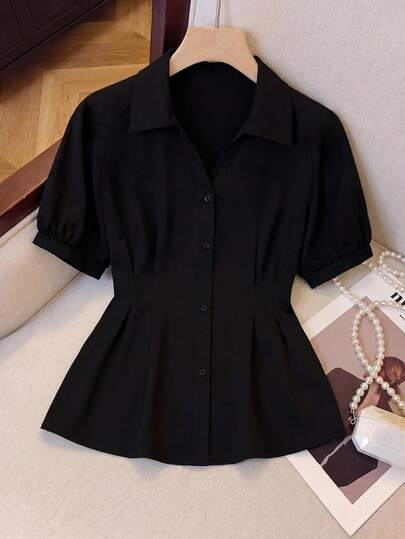 SHEIN CURVE+ Plus Size Women's Solid Color Minimalist Fashion Commuter Waist Cinched Short Sleeve Shirt, Spring/Summer