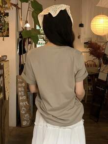 DAZY 女士植物印花圆领短袖休闲百搭T恤 夏季图案T恤 - 卡其色 - 查看 6