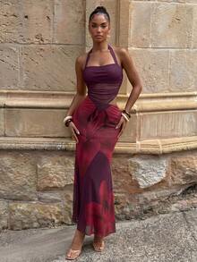 Aloruh 女士夏季新款紫色优雅性感度假浪漫约会时尚外出印花镂空露背吊带连衣裙 女士假日套装 Y2K 游艇派对连衣裙 - 紫色 - 查看 5