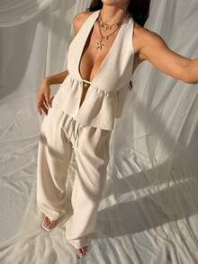 SHEIN EZwear Conjunto informal de top halter sin espalda y pantalones en color caqui - Caqui - Ver 8