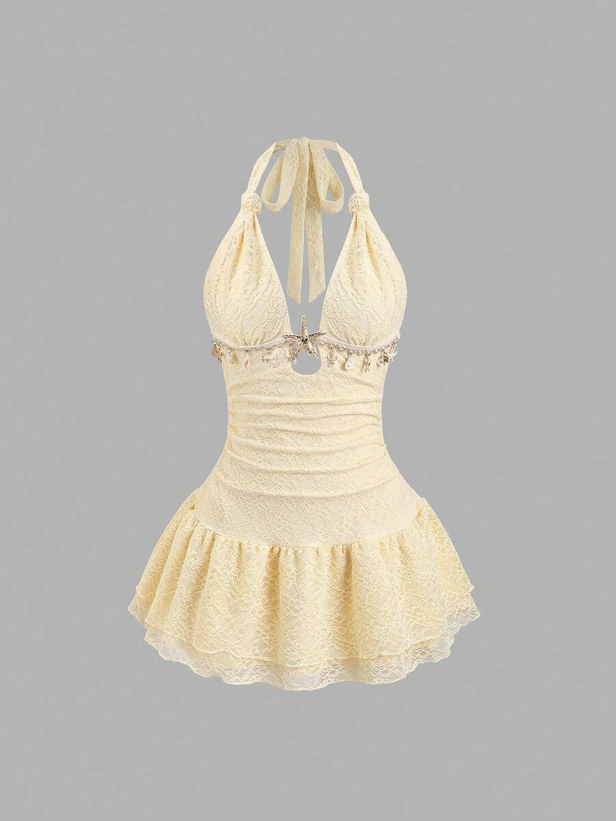 Sweetra 美式休闲度假风露背吊带蕾丝设计多层腰身收腰修身夏季时尚新款假日沙滩性感连衣裙 - 黃色 - 查看 1