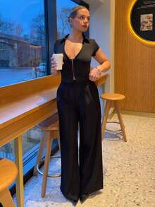 Bethéva Spring & Summer Women Romantic/Prom/Formal/Birthday/90s/Business Casual Woman/Elegant/Western Wear/Going Out/Fashion/Casual/Y2k/Club/Office /Vintage/Rave Festival/Funny/Classy/Old Money/Streetwear/Vacation/Country Concert/Work/Modest/Spring Break/Bachelorette/Concert/Baddie/Basic/Graduation/Low Rise Baggy Wide Leg Pants - Black - View 5