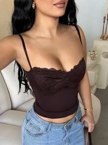 Dayanna Comas 女士蕾丝拼布紧身性感吊带背心 - 咖啡棕 - 查看 4
