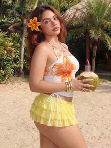 ROMWE Vacation Style Retro Y2K Vintage Lily Flower Floral Pattern 2 In 1 Plus Size Camisole And Tank Top - White - View 4