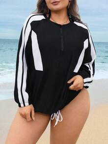 Swim SPRTY 大尺碼女款泳裝外罩衫，長袖拉鍊式罩衫，海灘度假運動街頭風嬉皮泳池休閒穿搭，夏季黑色 - 黑與白 - 查看 3