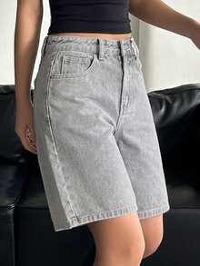 Quần short denim nữ cạp cao có túi, kiểu dáng thường ngày, đa năng. - Xám - Xem 5