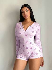 SHEIN SXY 女士性感休闲粉色波点蝴蝶结印花弹力连体裤，舒适针织短裤，家居服女士连体衣粉色蝴蝶结连体衣 - 紫色 - 查看 4