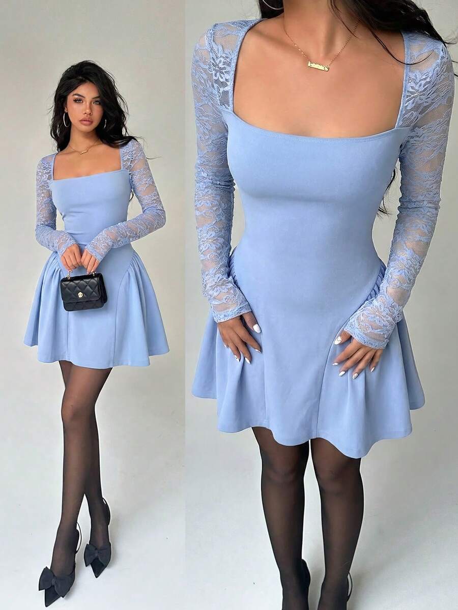 Aloruh Women's Solid Color Light Blue Lace Patchwork Umbrella Skirt - Baby Blue - View 1