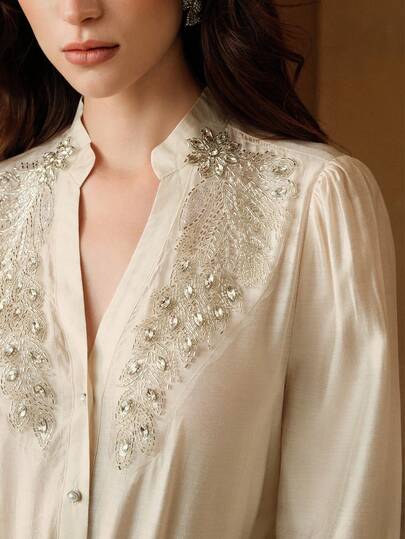 Anewsta Áo kiểu nữ thanh lịch với thiết kế sang trọng, thêu và đính đá, áo sơ mi trắng cao cấp, phù hợp cho đi chơi, trang trọng, thường ngày, dự tiệc, thời trang, công sở, lễ tốt nghiệp, đám cưới.