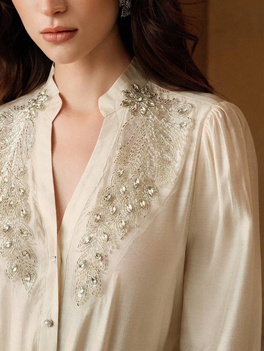 Anewsta Chemisier élégant pour femme avec un design de luxe, broderie, décoration de strass, chemise blanche Top de gamme, convenant pour sortir, être élégante, les loisirs, les occasions formelles, les fêtes, la mode, le travail, la remise des diplômes, le mariage