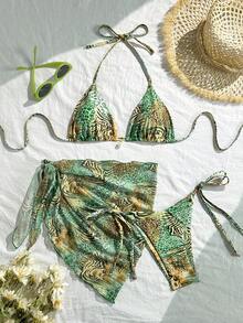 Swim SXY 性感泳装三件套，春夏度假随机印花金色珍珠装饰挂脖三角比基尼上衣、侧系带泳裤和裙子，性感泳装套装，女士度假套装，女士沙滩装，带罩衫的比基尼套装，全包式沙滩装，女士夏季泳装，女士沙滩派对装，女士沙滩装，度假套装，Zestiva 斑马纹泳衣，Zante 度假套装，Yummy Contro - 彩色 - 查看 6