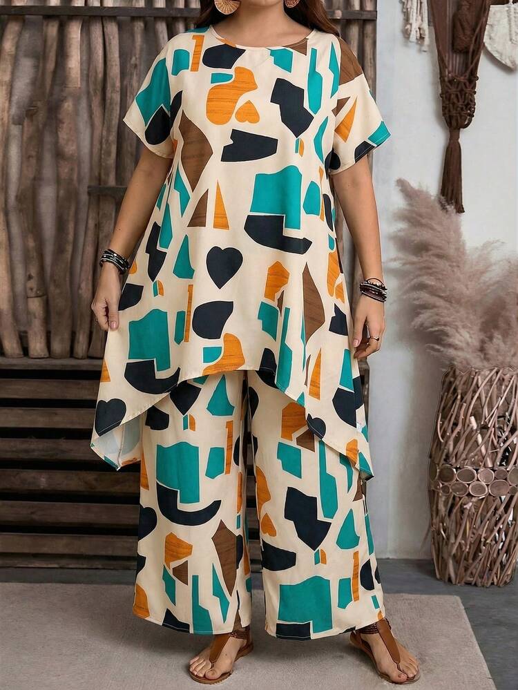 2pc Set Plus Size Women's Summer Casual Vacation Country 2 Pieces Set: Geometric Print Shirt And  Wide Leg Pants 2 Piece Set With Pockets,Summer Outfits For Women ,Vacation Outfits Women ,Holiday Outfits For Women,Going Out Outfits,2026 New Clothes,Simple And Fashionable For Everyday Wear,Suitable For Summer, Vacation, Daily Wear, Festival Outfits For Women,Country Concert Outfit,Beach Outfits For Women,Western Style