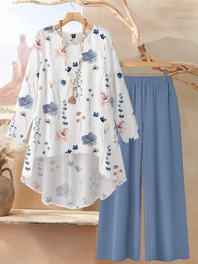 EMERY ROSE Two Pieces Women's Vacation Style Floral Print Loose Round Neck Long-Sleeved Top And Pants Set, Autumn Clothing, Women's Autumn Wear, Casual Wear Suitable For Spring And Summer.