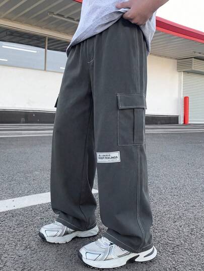 1件儿童青少年男童休闲日常百搭舒适贴袋撞色缝线宽松直筒工装裤，适合秋冬季节，黑色牛仔裤，工装裤，宽松牛仔裤，男童服装，宽松裤，卡其裤，阔腿裤