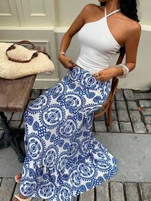 Falda impresa casual de vacaciones para niñas preadolescentes - Azul - Ver 1