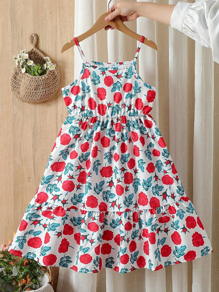 Vintaside Kids Girls' Summer Sleeveless Dress, Red Rose Print Loose Strap Dress, Tween GirlsSweet Vacation Dress - Multicolor - View 1