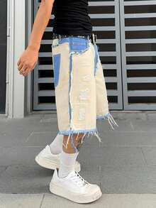 Manfinity EMRG Men Plus Size Summer Casual Contrast Color Frayed Ripped Loose Wide Leg Denim Shorts - Apricot - View 5