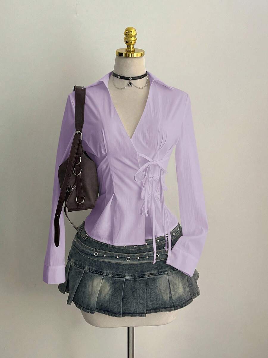 Elamini 性感立领侧边系带修身长袖女式衬衫 - 淡紫色 - 查看 1