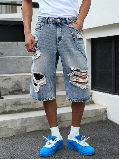 GALLERY FADE Men's Street Fashion Distressed Vintage Washed Denim Capri Shorts