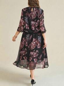 Rometta 女士优雅简约网纱蕾丝拼接花卉大码两件套连衣裙，带袖花卉连衣裙，女士优雅特殊场合连衣裙，蕾丝边连衣裙，女士蕾丝边连衣裙，女士花卉中长连衣裙，女士特殊场合连衣裙 - 彩色 - 查看 2