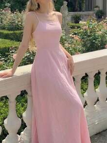 MainGRL Đầm maxi dây mảnh màu hồng dành cho nữ, cổ vuông, dáng chữ A xòe rộng, hoàn hảo cho kỳ nghỉ biển, tiệc tối tại khu nghỉ dưỡng, dạ hội, tiệc cô dâu, tiệc ngoài trời và đám cưới mùa hè, đầm maxi lãng mạn mùa xuân/hè 2026 - Màu Hồng baby - Xem 3